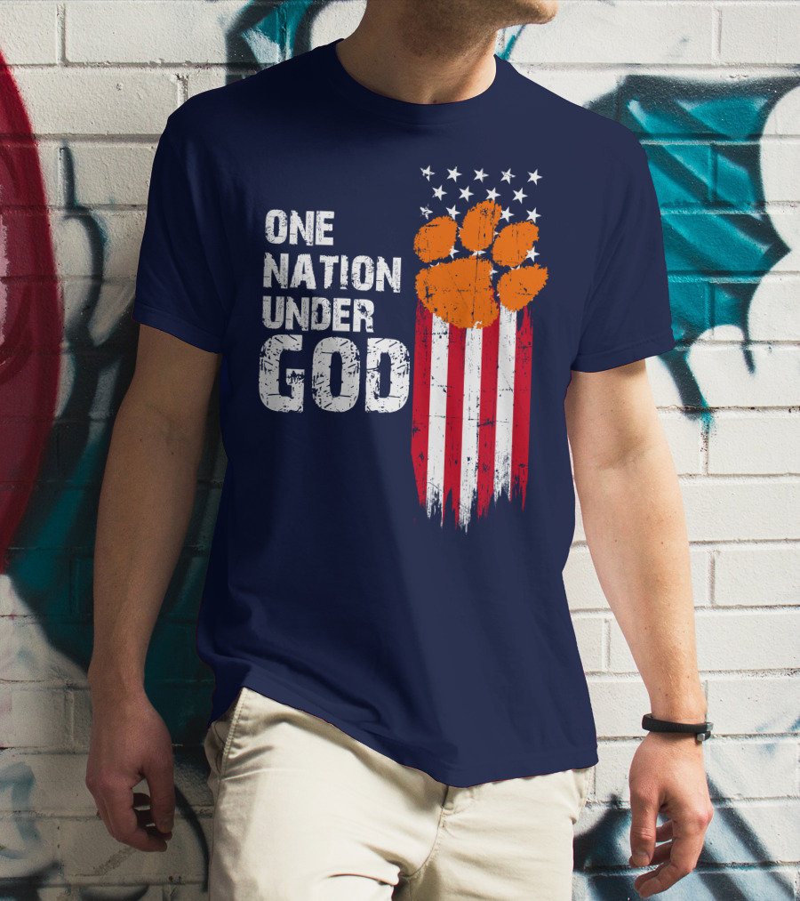 One Nation Under God Clemson Tigers American Flag Paw Print T-Shirt