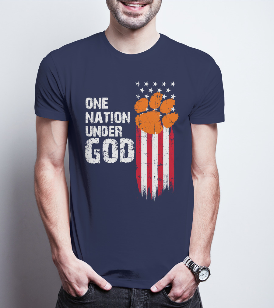 One Nation Under God Clemson Tigers American Flag Paw Print T-Shirt