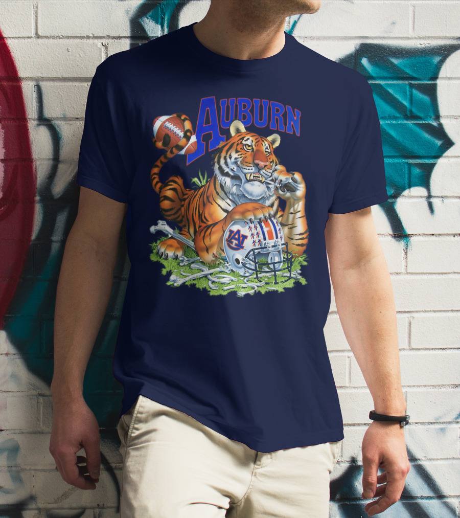 Auburn Tigers Football Tiger Holding Helmet With Bones And Football T-Shirt