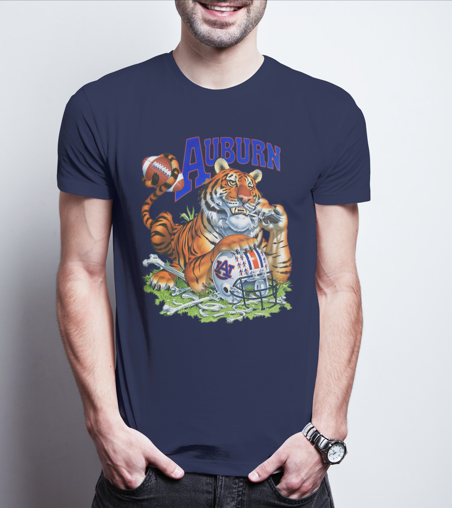 Auburn Tigers Football Tiger Holding Helmet With Bones And Football T-Shirt