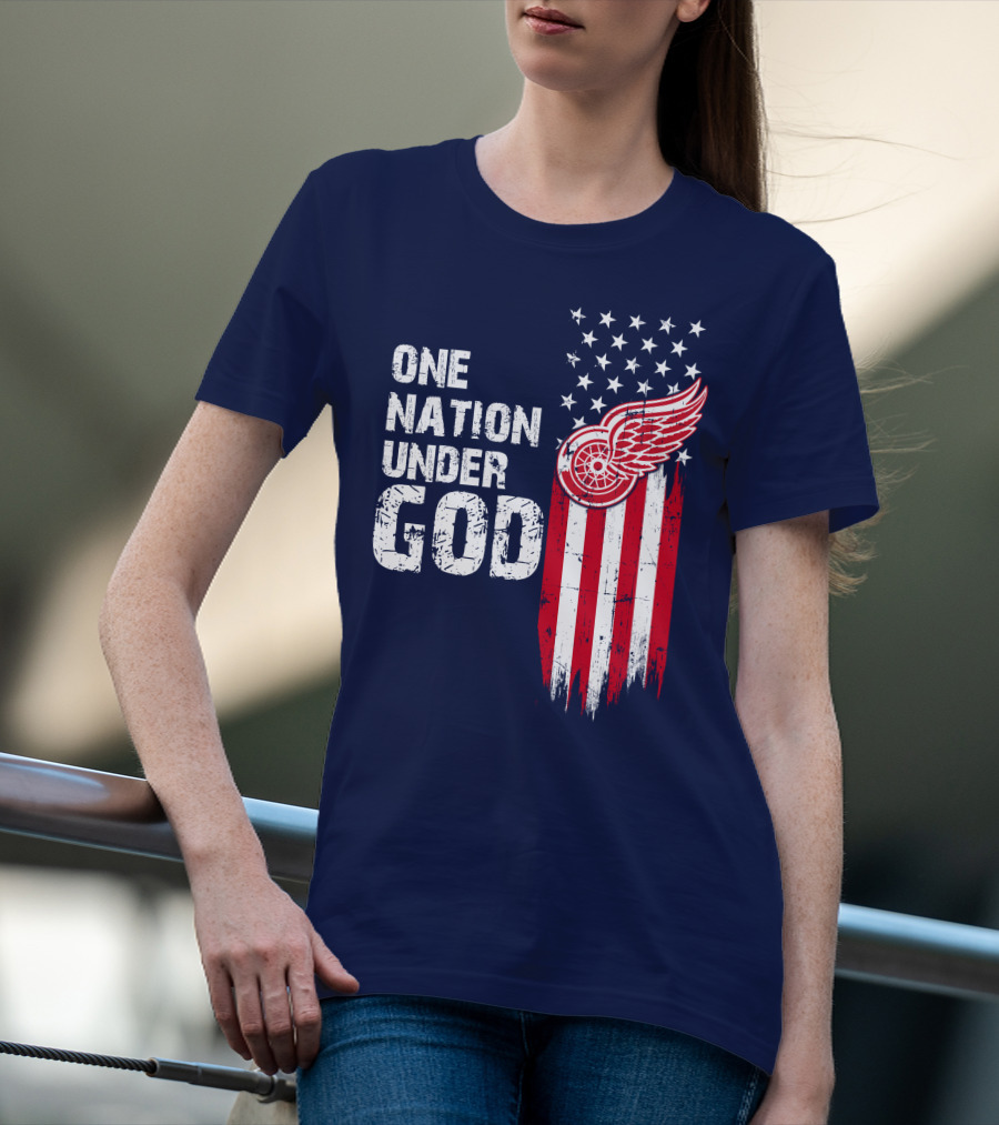 One Nation Under God Detroit Redwings American Flag Stars And Stripes T-Shirt