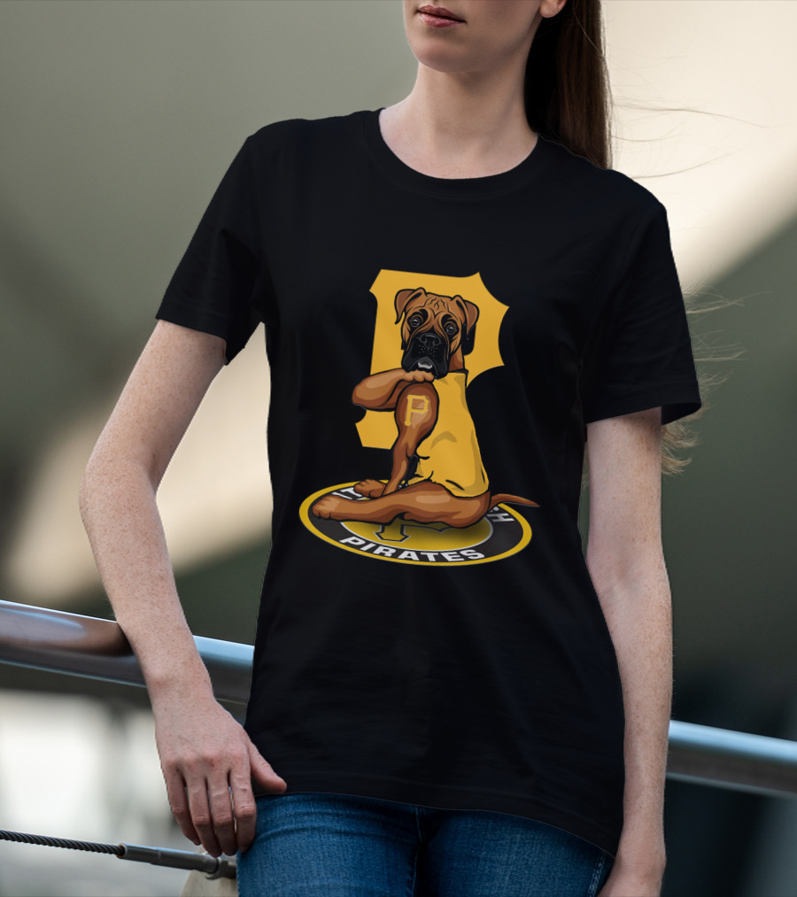 Pittsburgh Pirates Boxer Dog In Yellow Jersey With Vintage T-Shirt