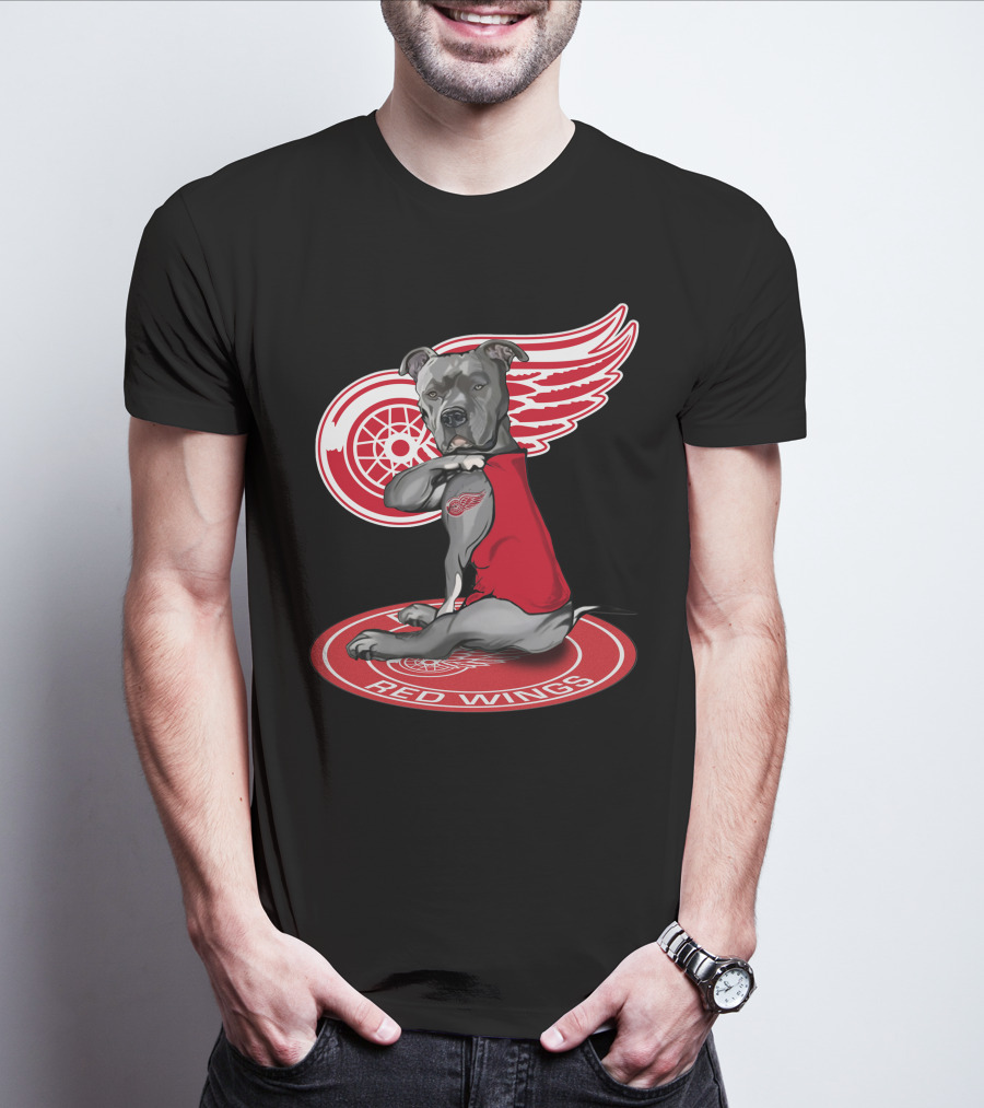 Detroit Red Wings Dog With Logo Wings And Red Vest T-Shirt