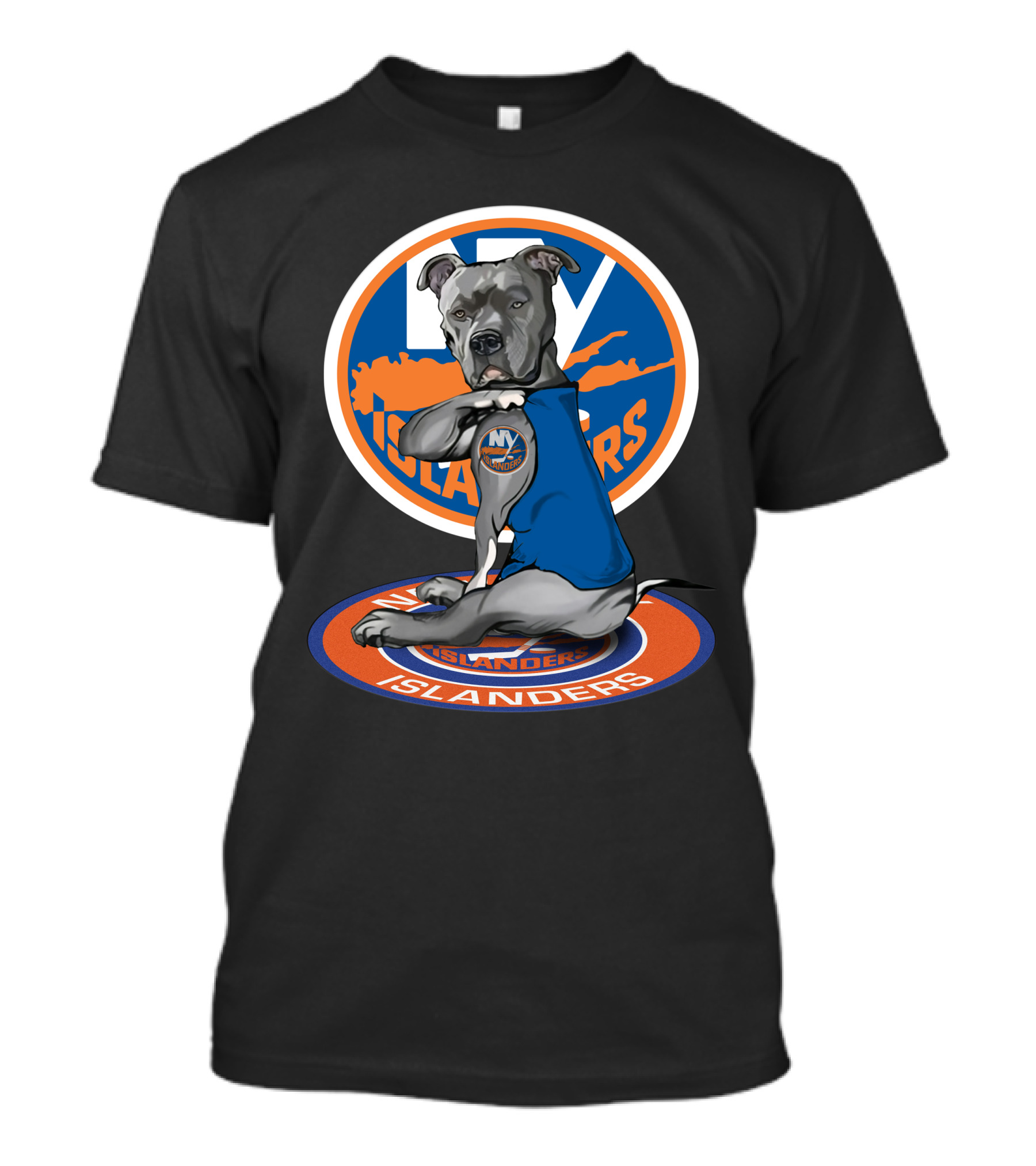 NY Islanders Dog Wearing Team Logo With Circular Orange T-Shirt