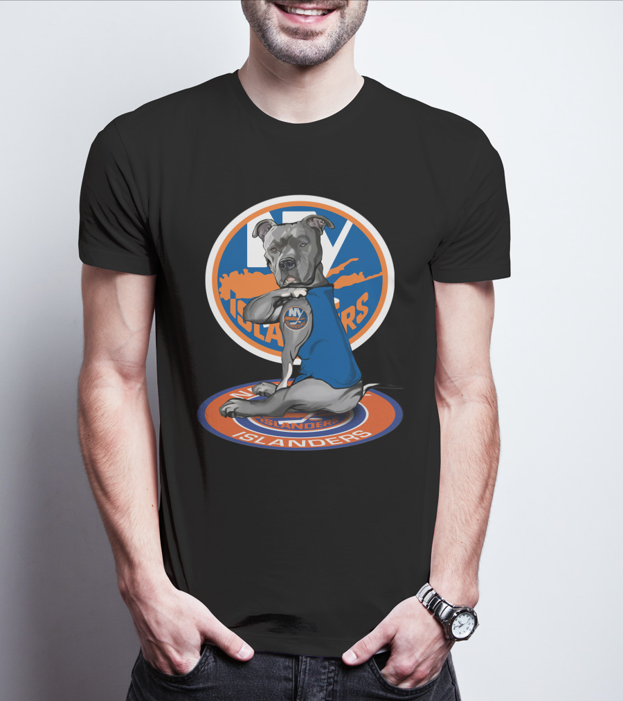 NY Islanders Dog Wearing Team Logo With Circular Orange T-Shirt