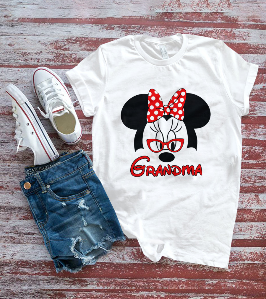 Minnie Grandma Polka Dot Bow Red Glasses T-Shirt