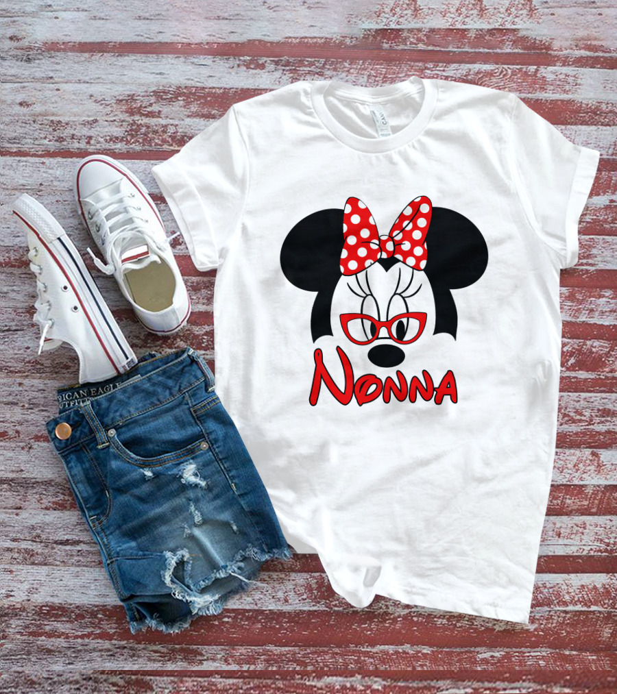Minnie Nonna Red Glasses And Polka Dot Bow T-Shirt