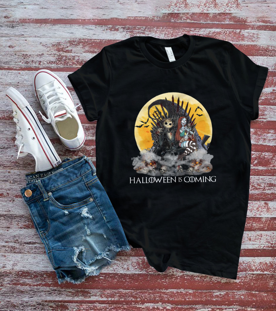 Halloween Is Coming With Skeleton King And Gothic Queen Throne Moon Bats Skulls T-Shirt