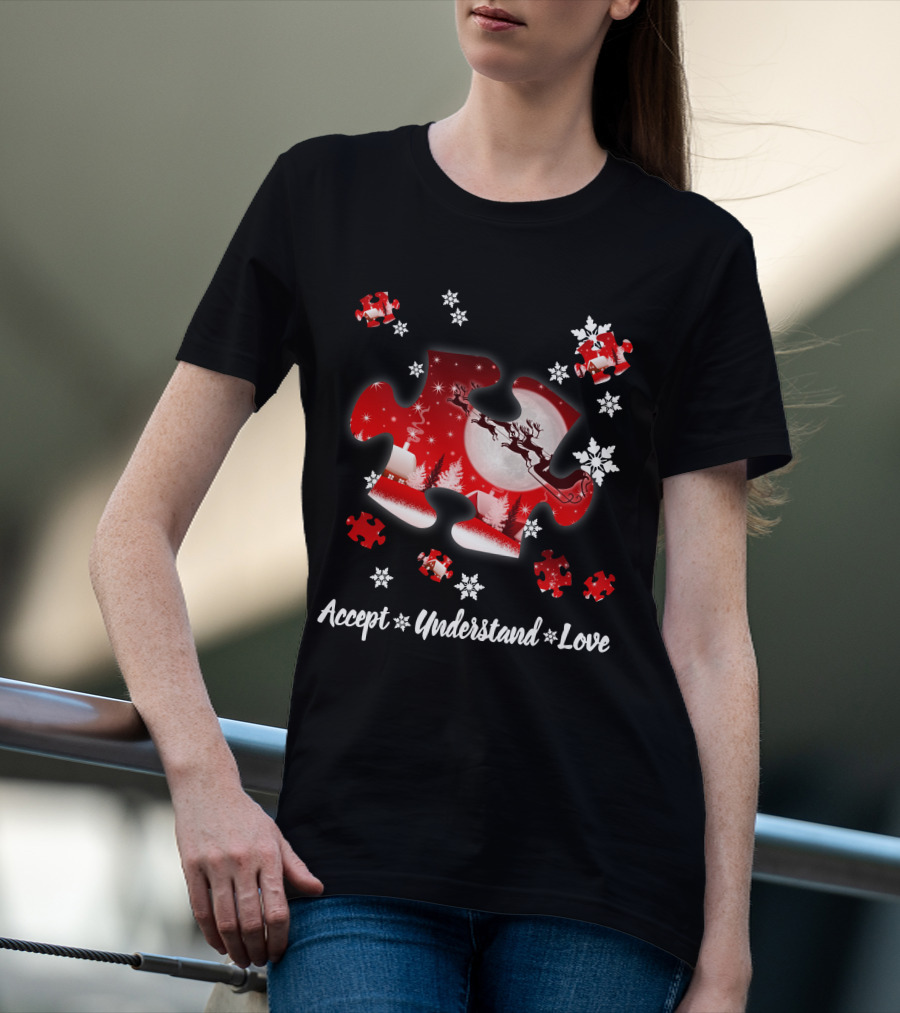 Accept Understand Love Autism Puzzle Christmas Snowflakes Santa Sleigh T-Shirt