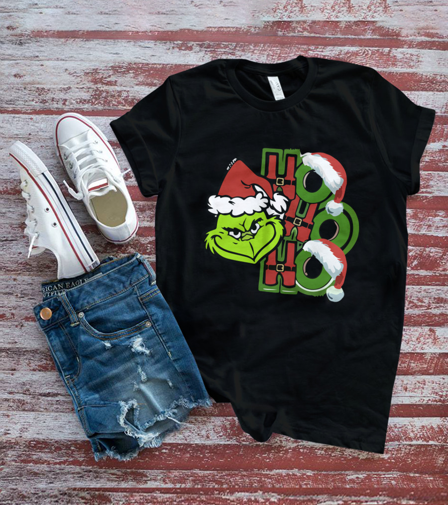 Ho Ho Ho Grinchmas With Santa Hats And Grinch Face T-Shirt