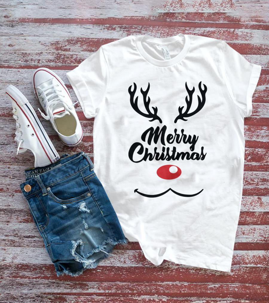 Merry Christmas Reindeer Antlers With Red Nose T-Shirt