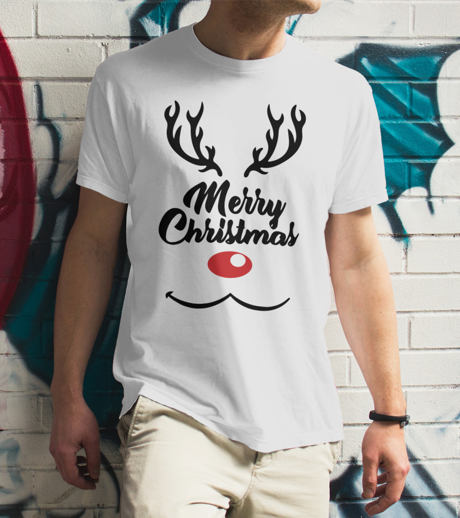 Merry Christmas Reindeer Antlers With Red Nose T-Shirt