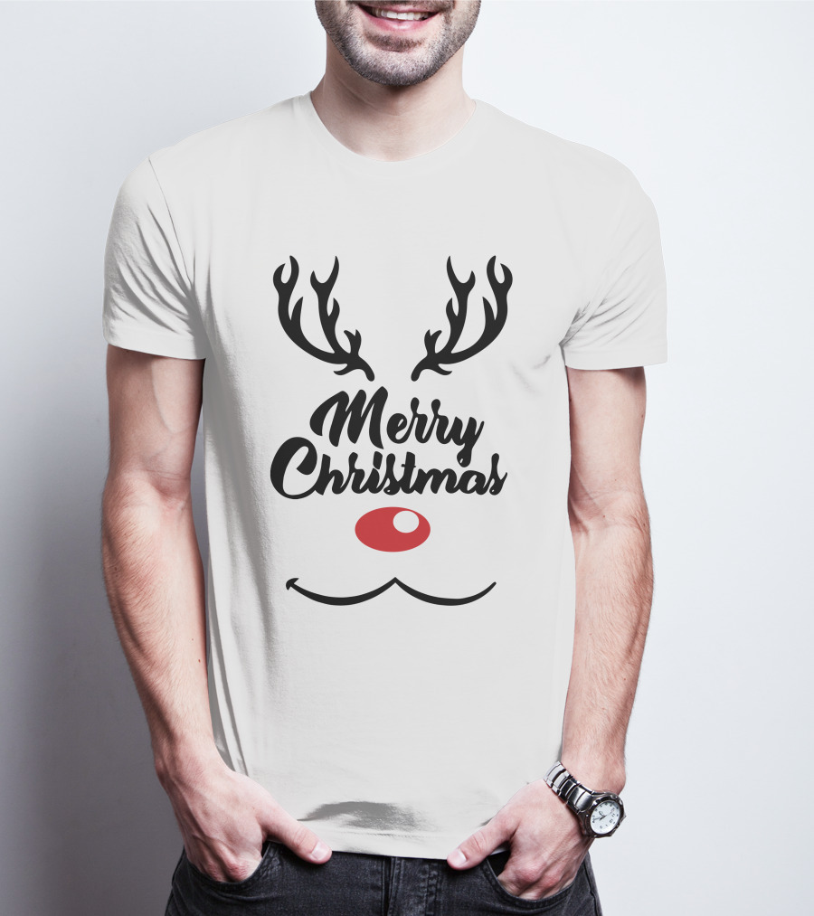 Merry Christmas Reindeer Antlers With Red Nose T-Shirt