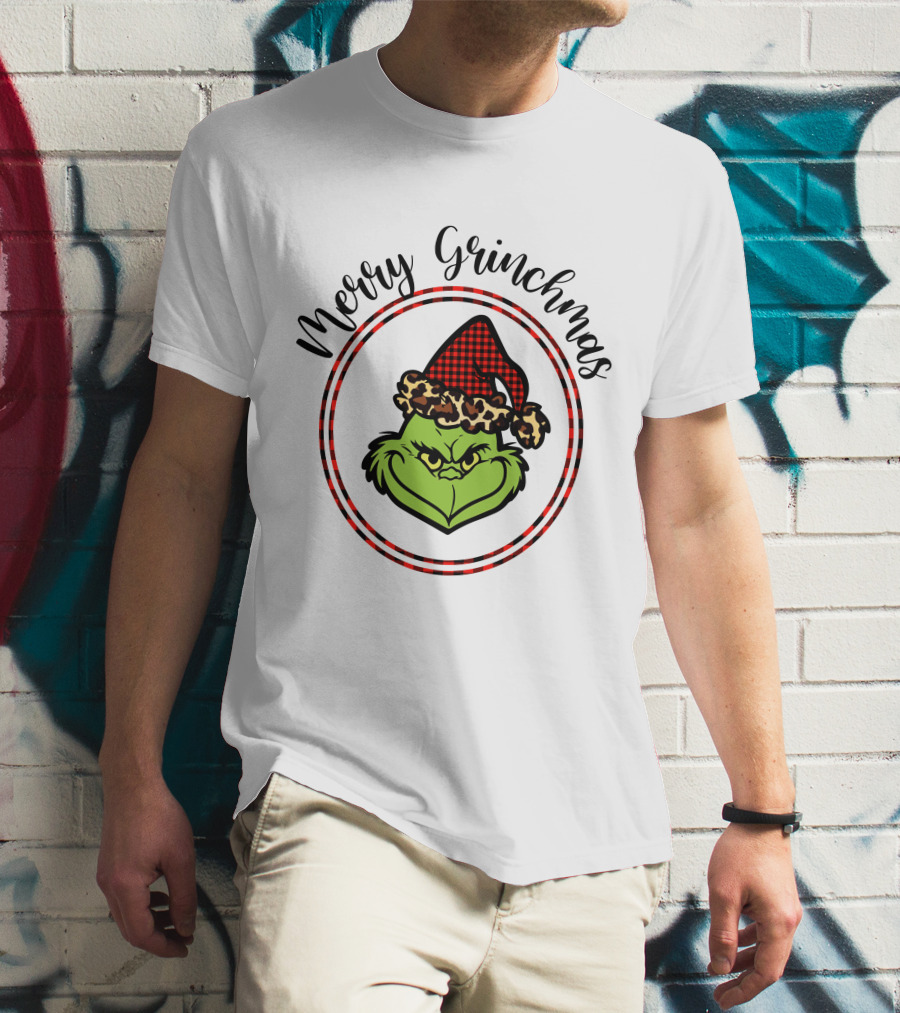 Merry Grinchmas Plaid Santa Hat Grinch Face T-Shirt
