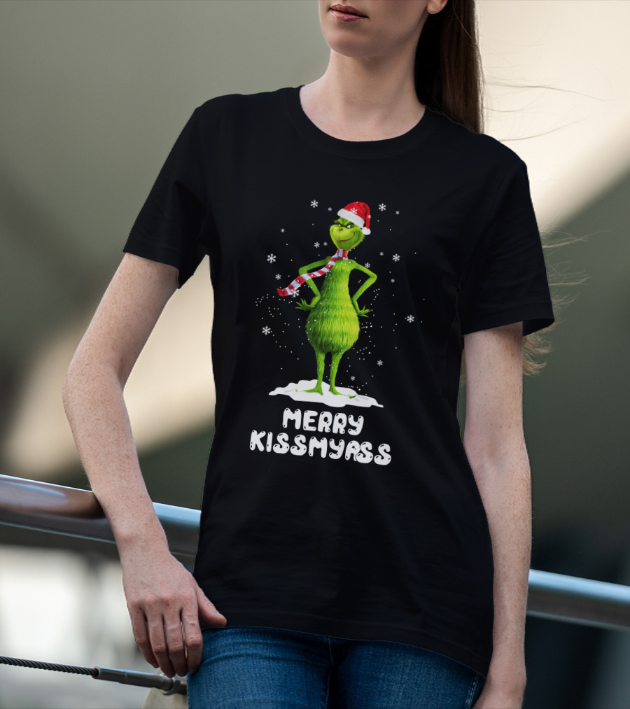 Merry KissMyAss Grinch Santa Hat Scarf Snowflakes T-Shirt