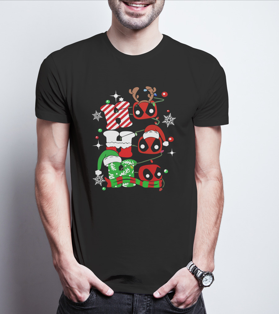 Deadpool Ho Ho Ho Christmas Reindeer Antlers Santa Hat Snowflakes T-Shirt