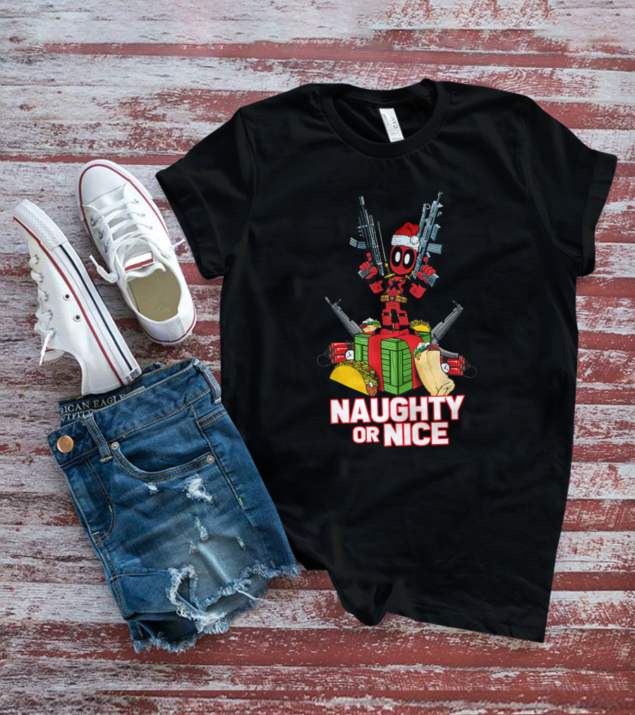 Naughty Or Nice Deadpool Christmas Guns Tacos Burritos T-Shirt