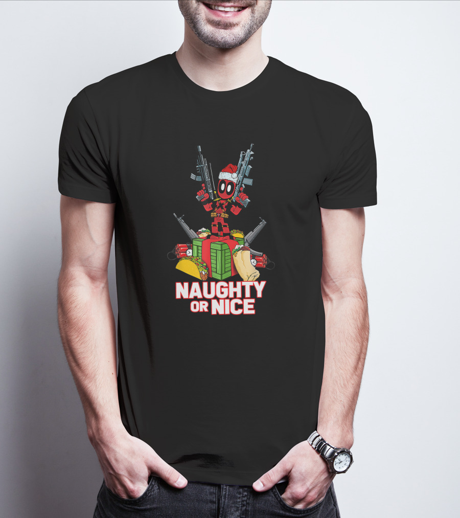 Naughty Or Nice Deadpool Christmas Guns Tacos Burritos T-Shirt