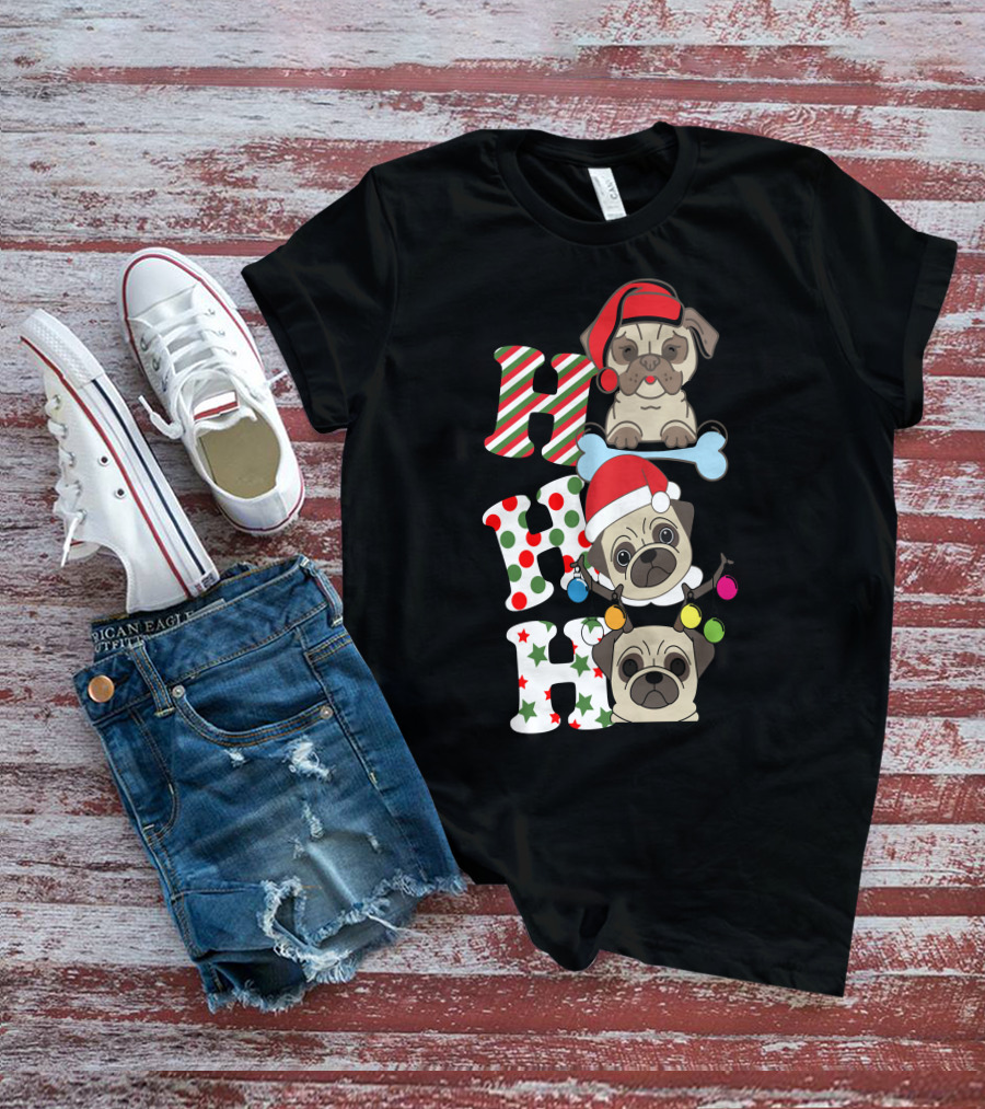 Ho Ho Ho Christmas Pug With Santa Hats And Holiday Lights T-Shirt