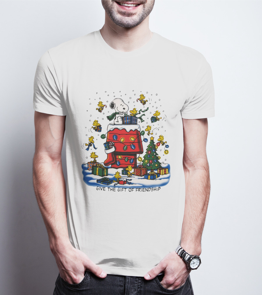 Snoopy Christmas House With Woodstock And Gifts Give The Gift Of Friendship T-Shirt