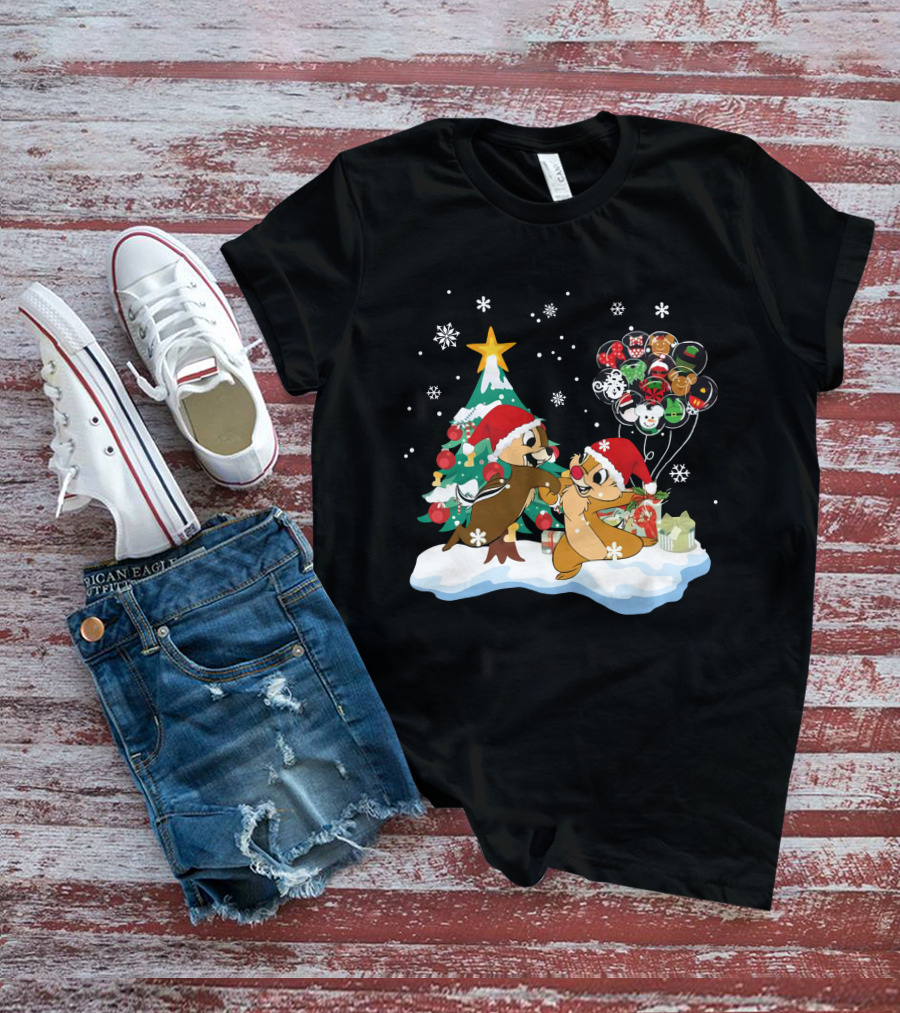 Chip And Dale Christmas Tree Santa Hats Snowflakes Balloons T-Shirt