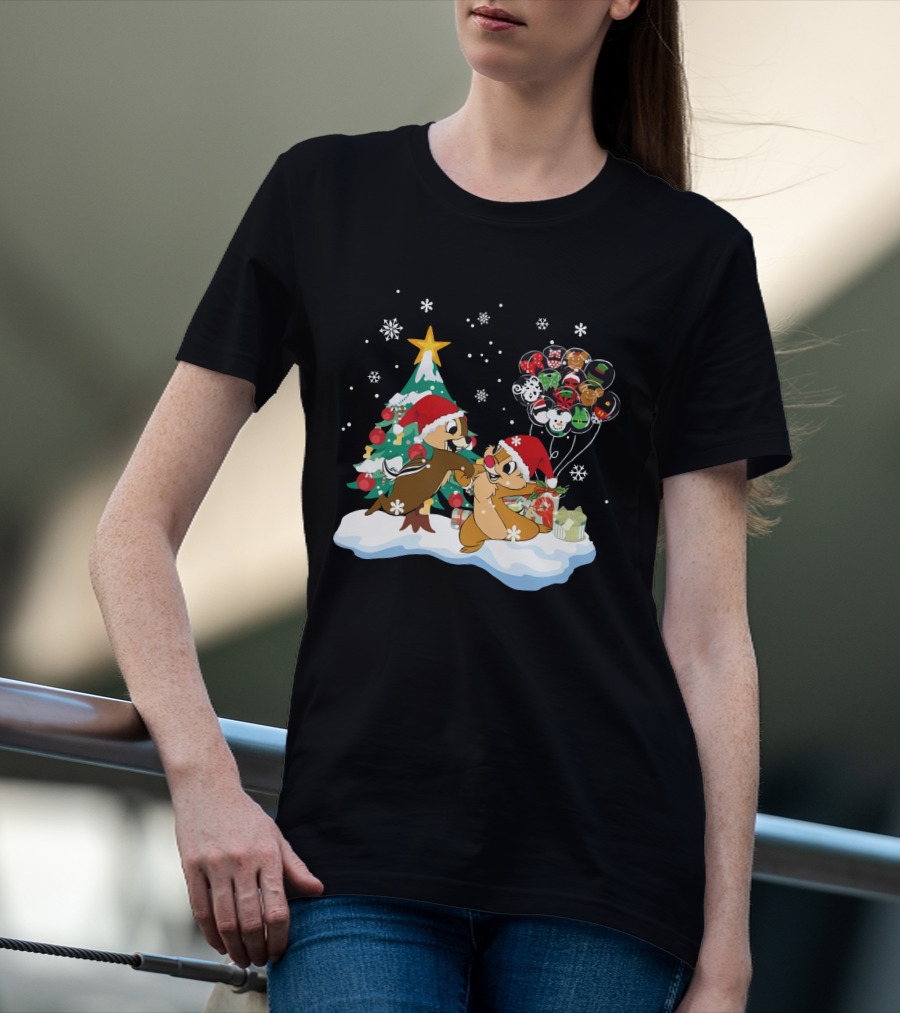 Chip And Dale Christmas Tree Santa Hats Snowflakes Balloons T-Shirt