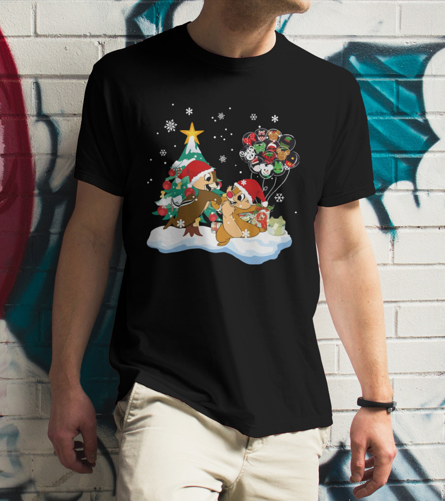 Chip And Dale Christmas Tree Santa Hats Snowflakes Balloons T-Shirt
