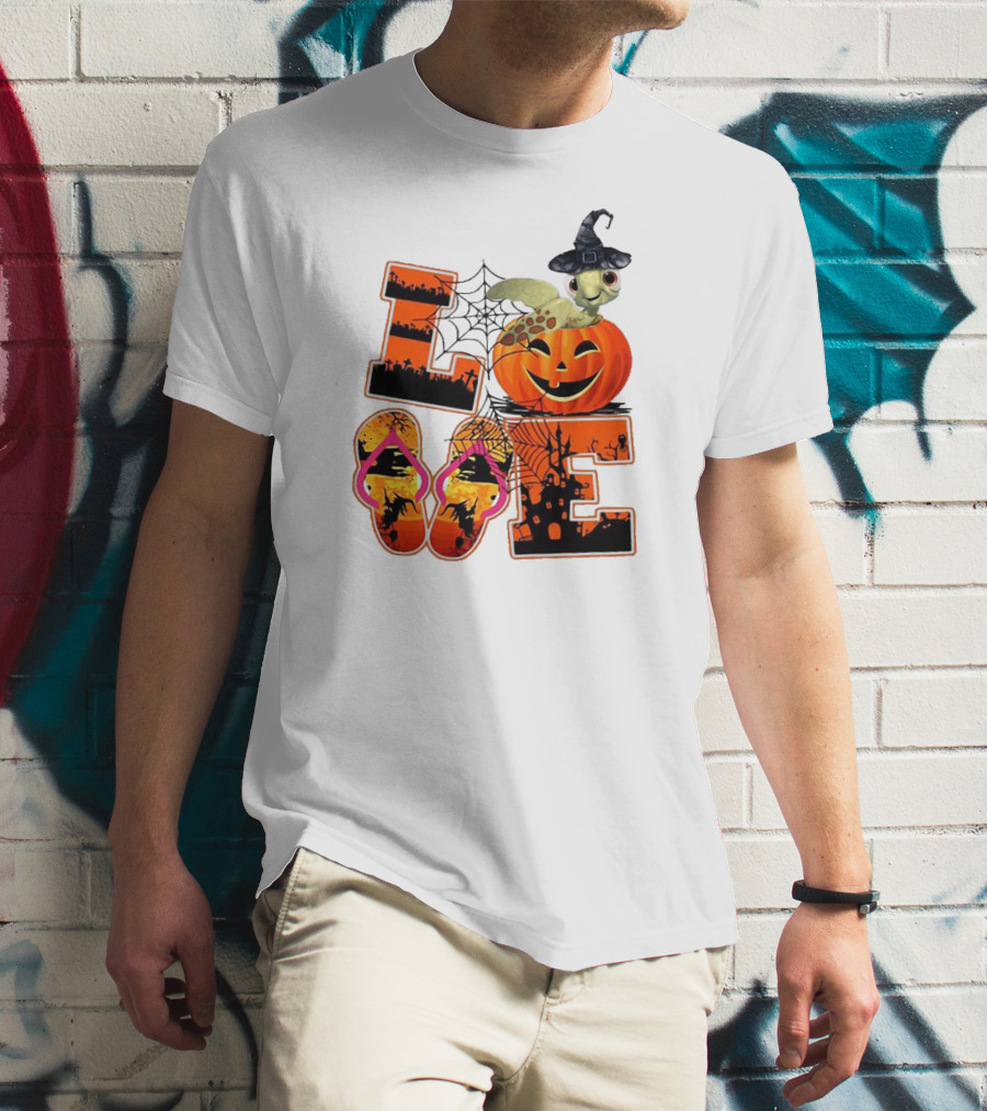 Halloween Love Turtle Pumpkin Spider Web Flip Flops T-Shirt