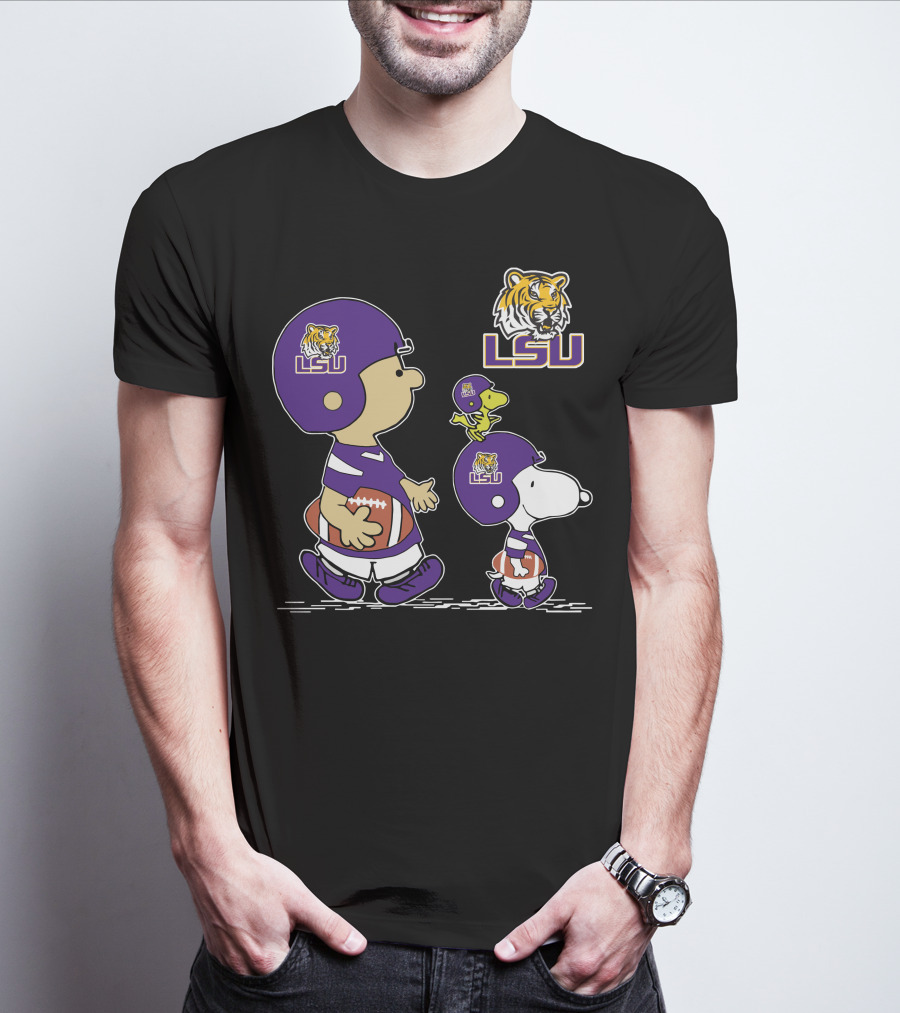 Peanuts Characters In LSU Tigers Football Gear With Helmet And Football T-Shirt