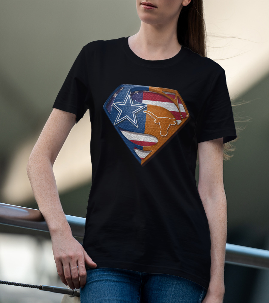 Dallas Cowboys Texas Longhorns Superman Shield American Flag Blend T-Shirt