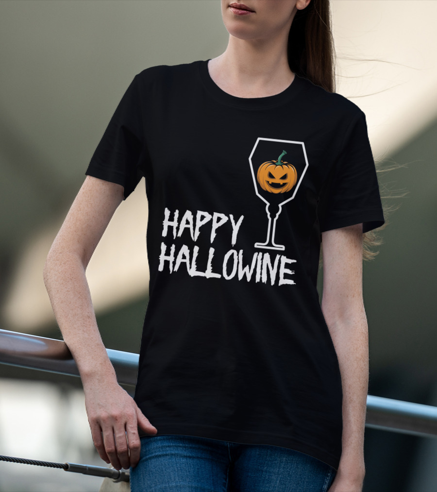 Happy Hallowine Jack-o'-Lantern Wine Glass Halloween Drinking Lover T-Shirt