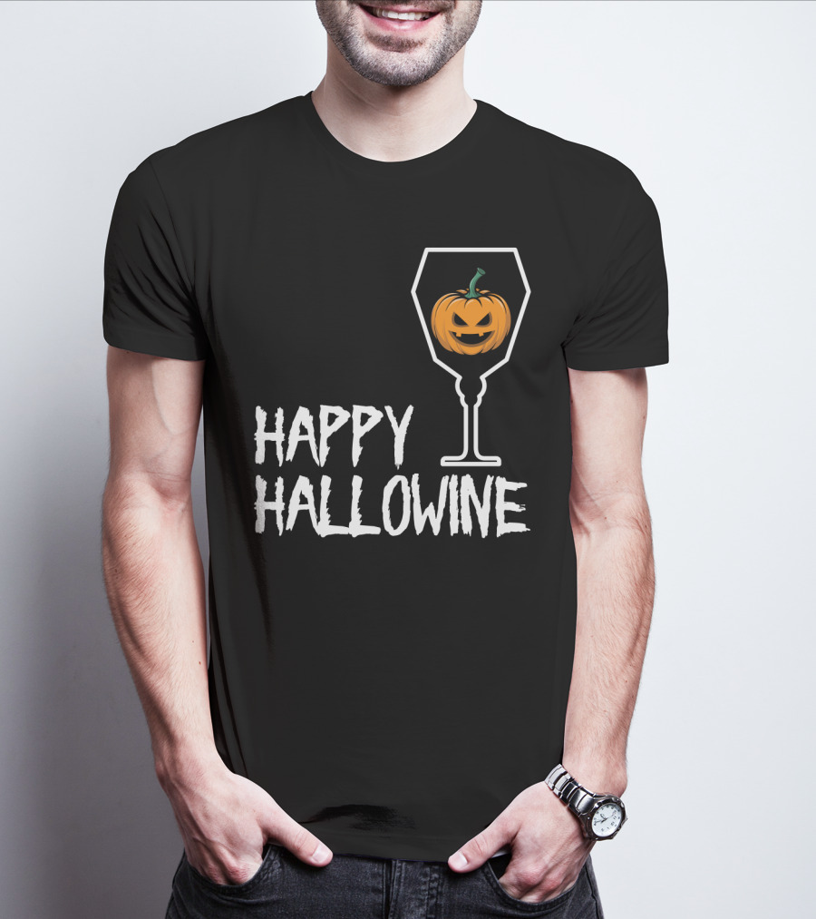 Happy Hallowine Jack-o'-Lantern Wine Glass Halloween Drinking Lover T-Shirt