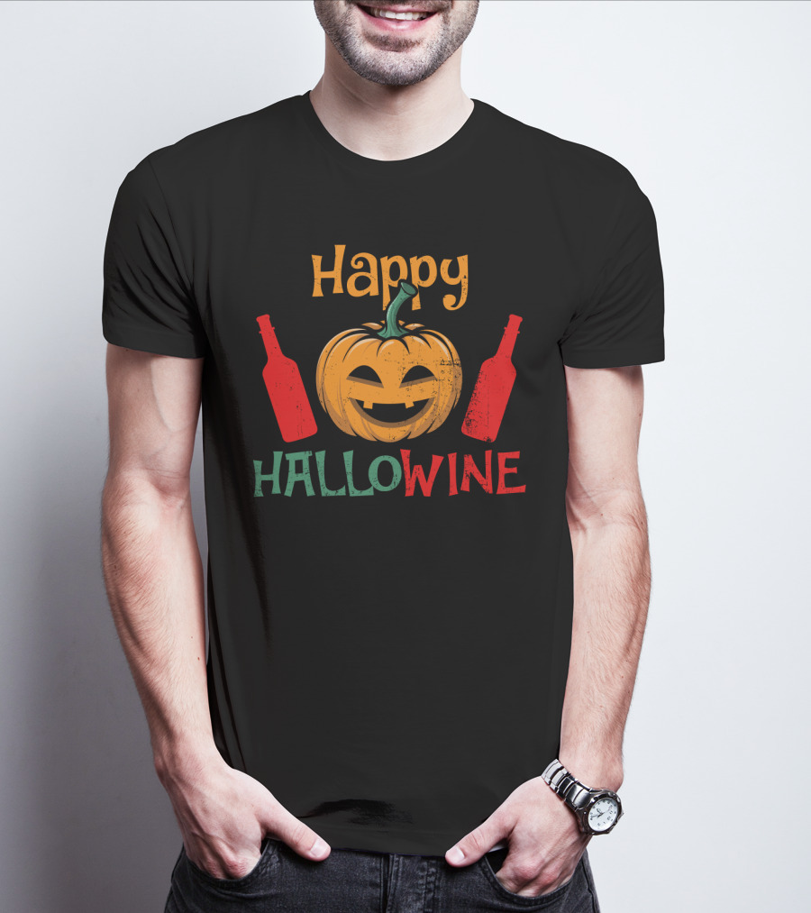 Happy Hallo Wine Pumpkin Jack-O'-Lantern With Wine Bottles T-Shirt