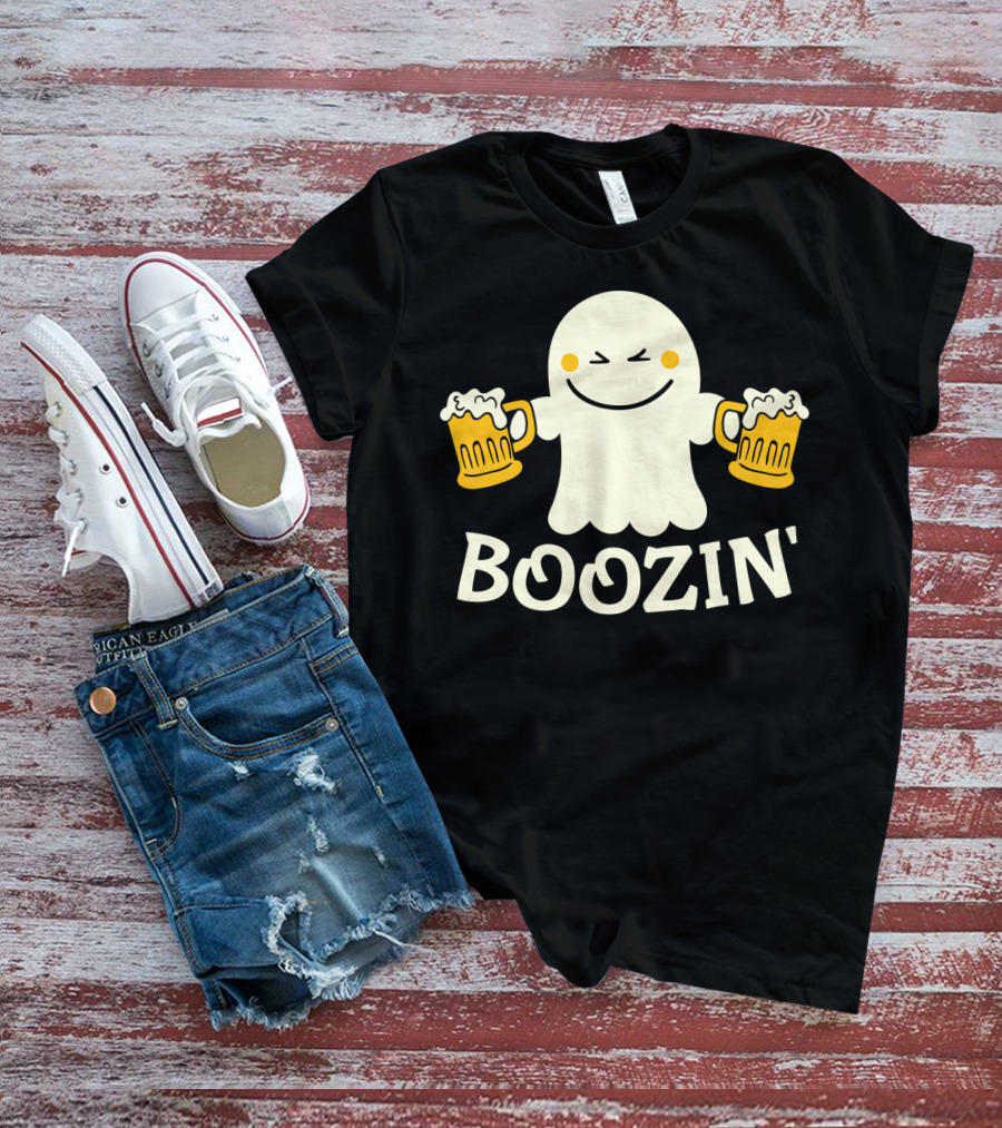 Boozin Ghost With Beer Mugs Halloween Fun T-Shirt