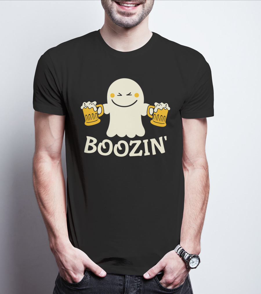 Boozin Ghost With Beer Mugs Halloween Fun T-Shirt
