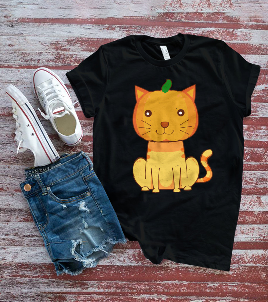 Halloween Pumpkin Cat Face And Striped Tail Whiskers T-Shirt