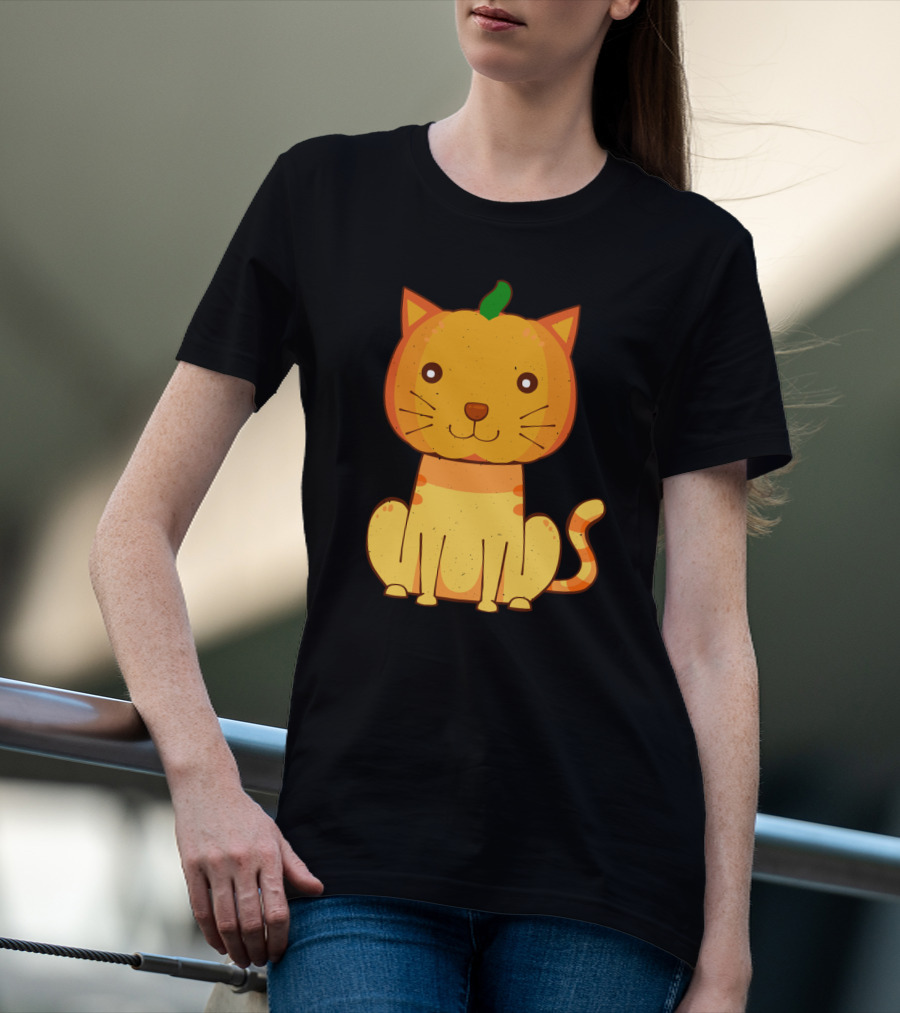 Halloween Pumpkin Cat Face And Striped Tail Whiskers T-Shirt