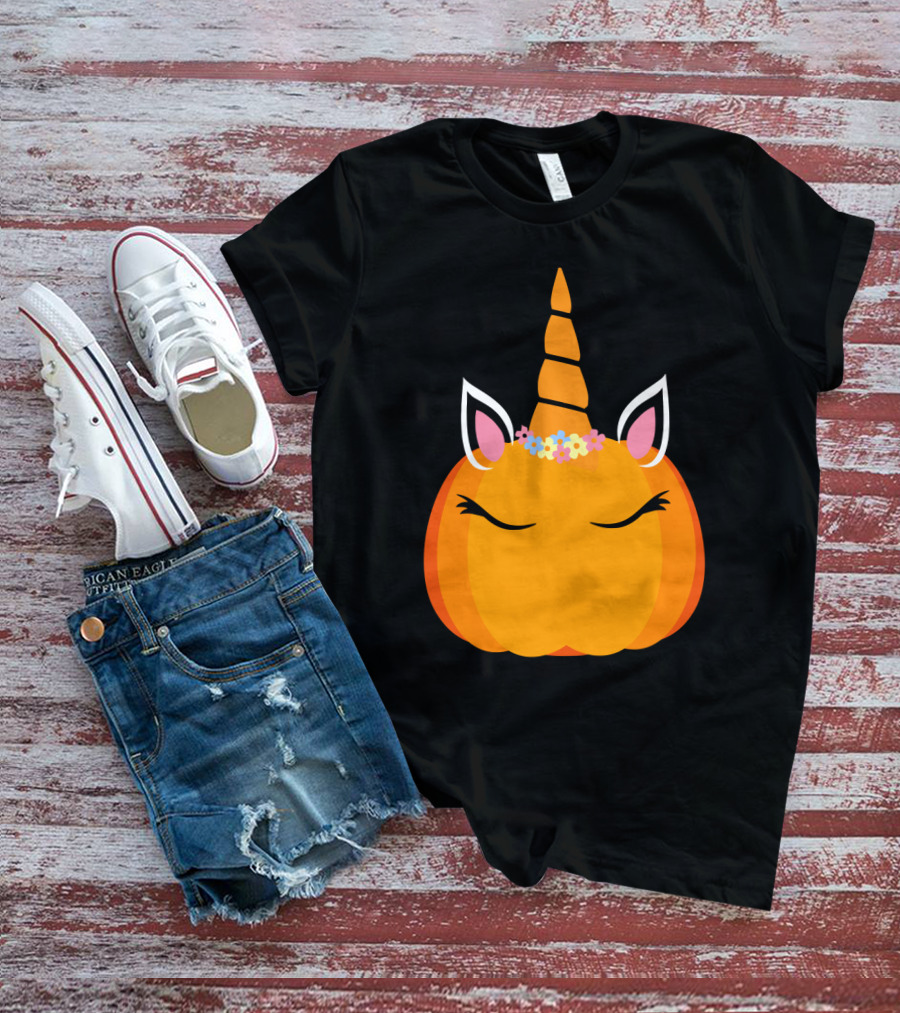 Unicorn Pumpkin With Floral Crown And Sleepy Eyes T-Shirt