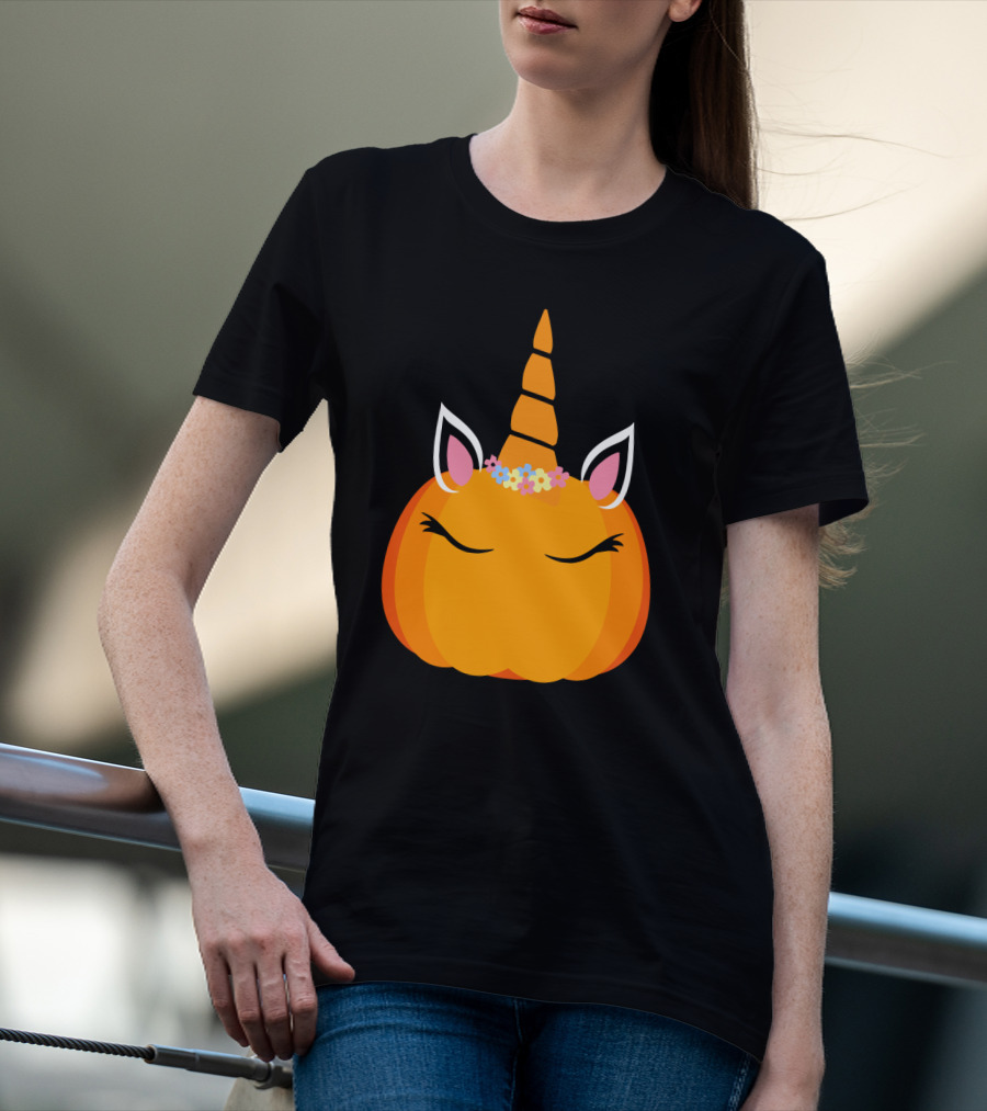 Unicorn Pumpkin With Floral Crown And Sleepy Eyes T-Shirt