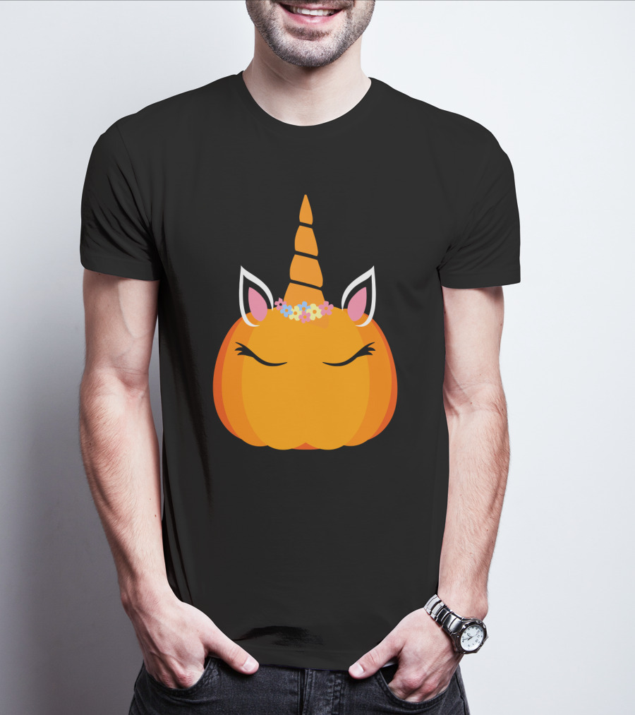 Unicorn Pumpkin With Floral Crown And Sleepy Eyes T-Shirt