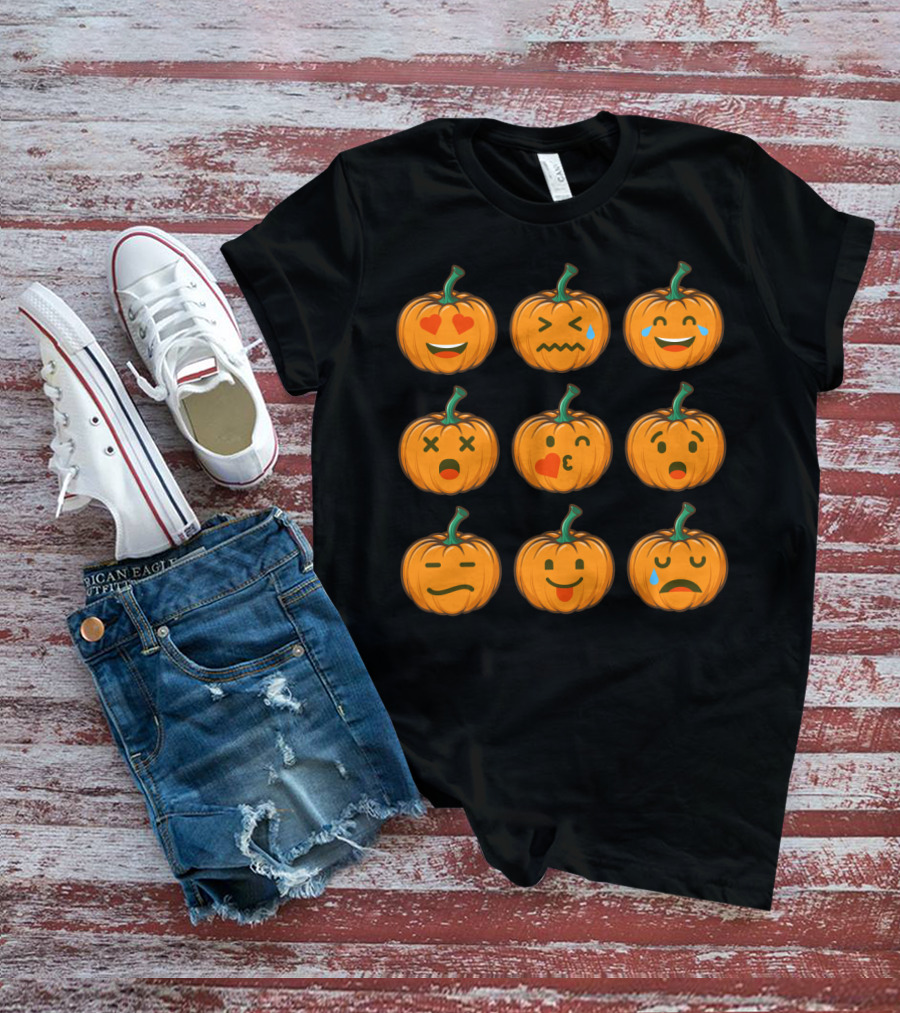 Nine Cute Pumpkin Emoji Expressions With Heart Eyes And Tears T-Shirt