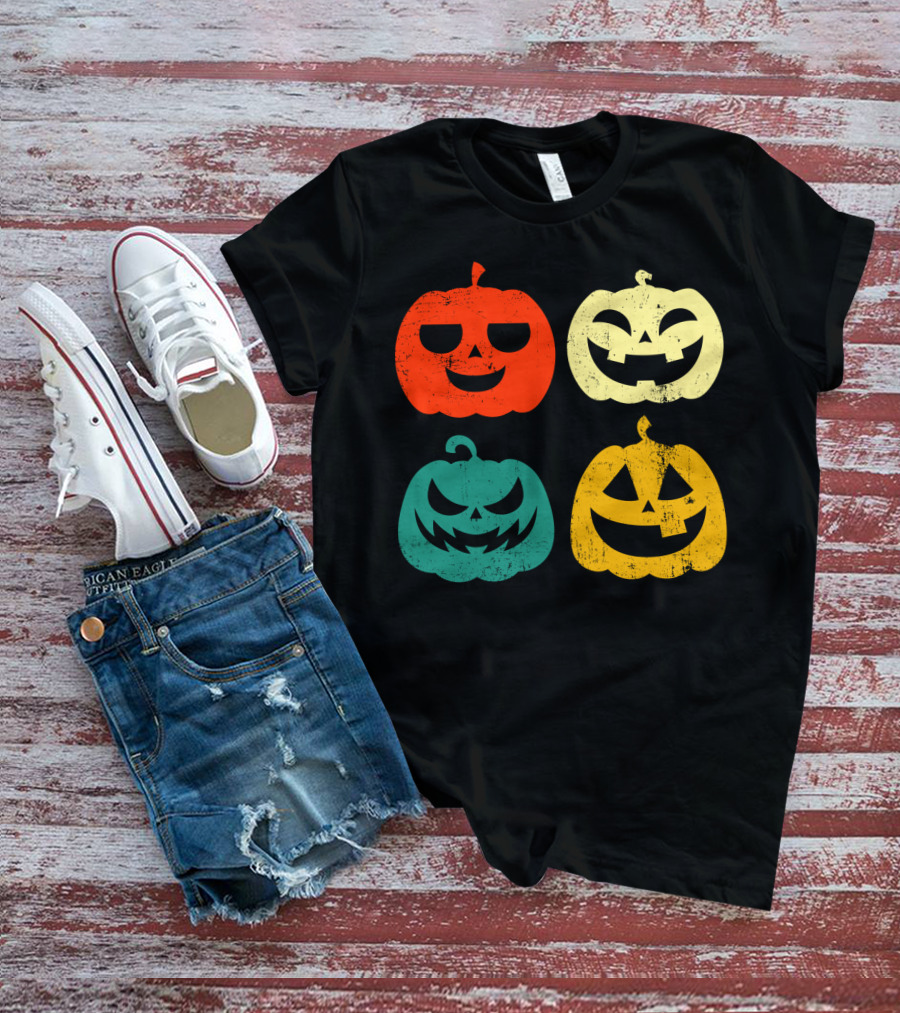 Retro Vintage Pumpkin Halloween Faces Quad Color Grid T-Shirt