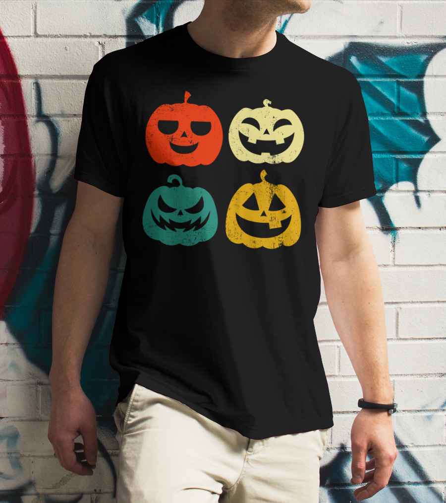 Retro Vintage Pumpkin Halloween Faces Quad Color Grid T-Shirt