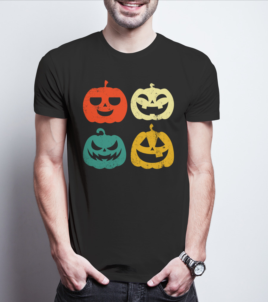 Retro Vintage Pumpkin Halloween Faces Quad Color Grid T-Shirt