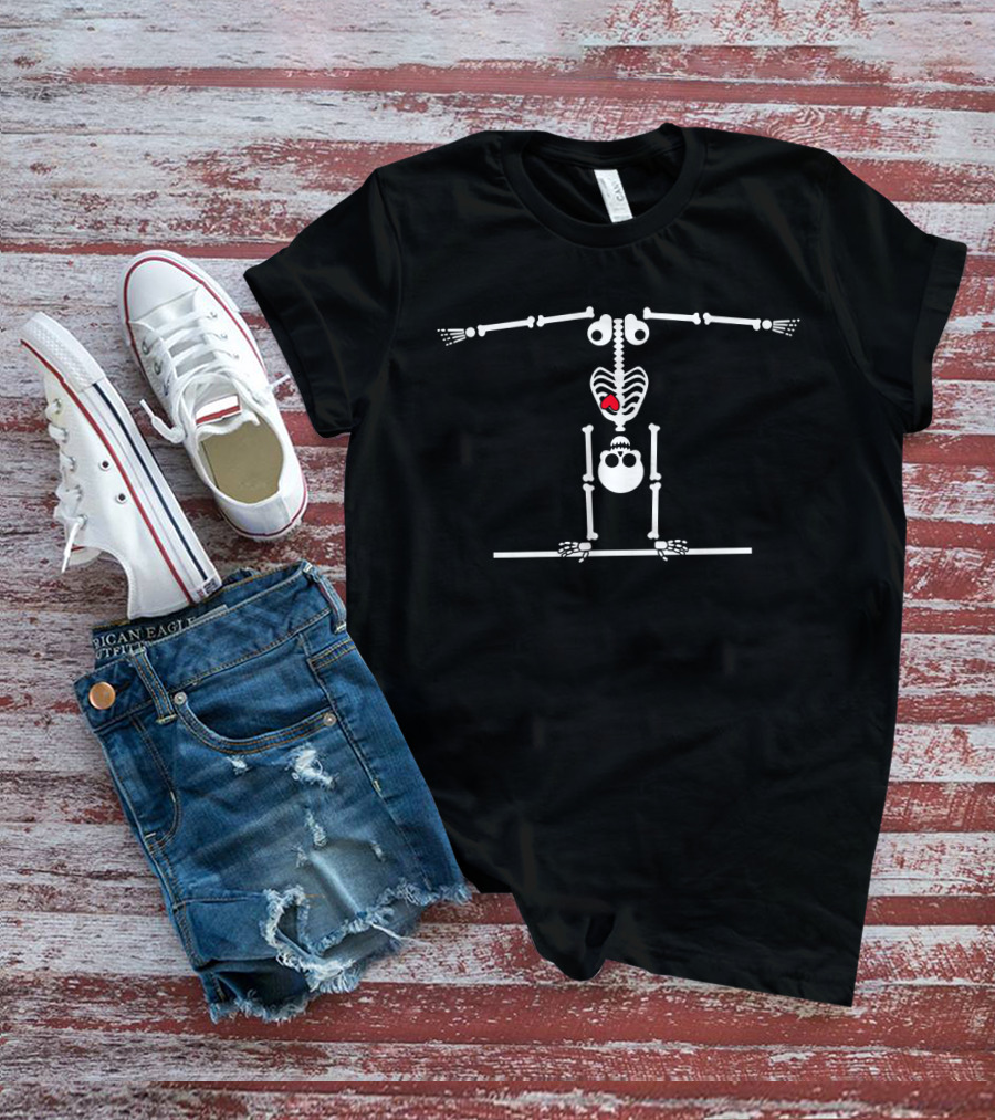 Gymnastics Skeleton Doing Handstand With Red Heart Accents T-Shirt