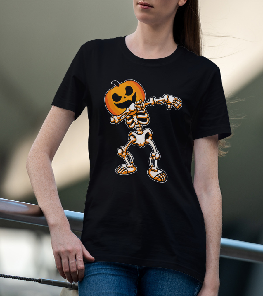 Dabbing Skeleton With Pumpkin Head Halloween Humor T-Shirt