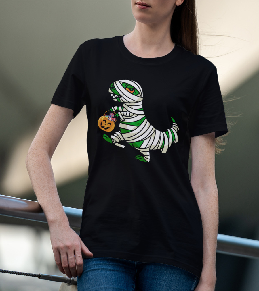 Mummy Dinosaur With Halloween Pumpkin And Candy Basket T-Shirt
