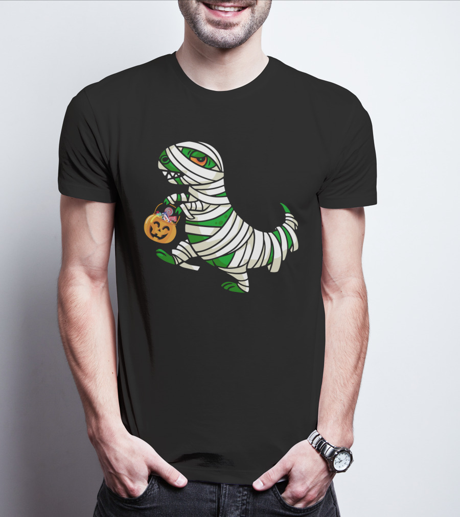 Mummy Dinosaur With Halloween Pumpkin And Candy Basket T-Shirt