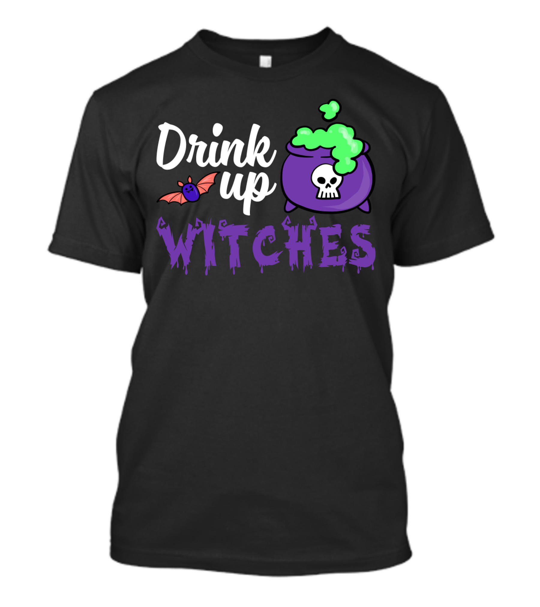 Drink Up Witches Purple Cauldron With Skull And Bat Elements T-Shirt