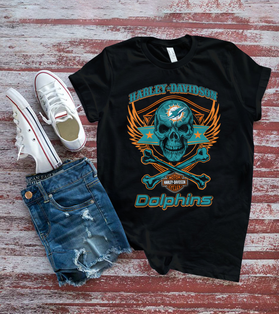 Harley Davidson Motorcycles Miami Dolphins Skull And Crossbones T-Shirt